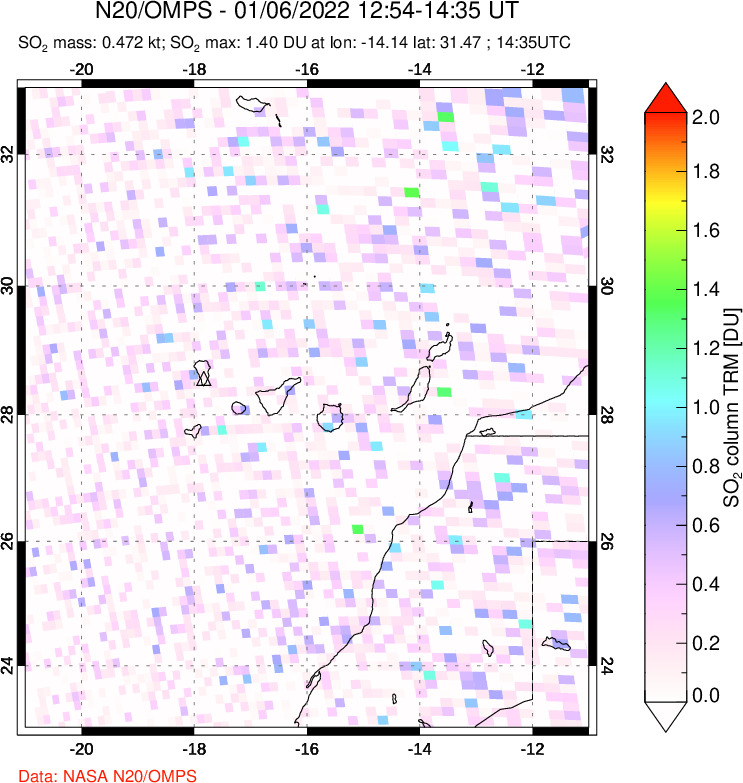 A sulfur dioxide image over Canary Islands on Jan 06, 2022.