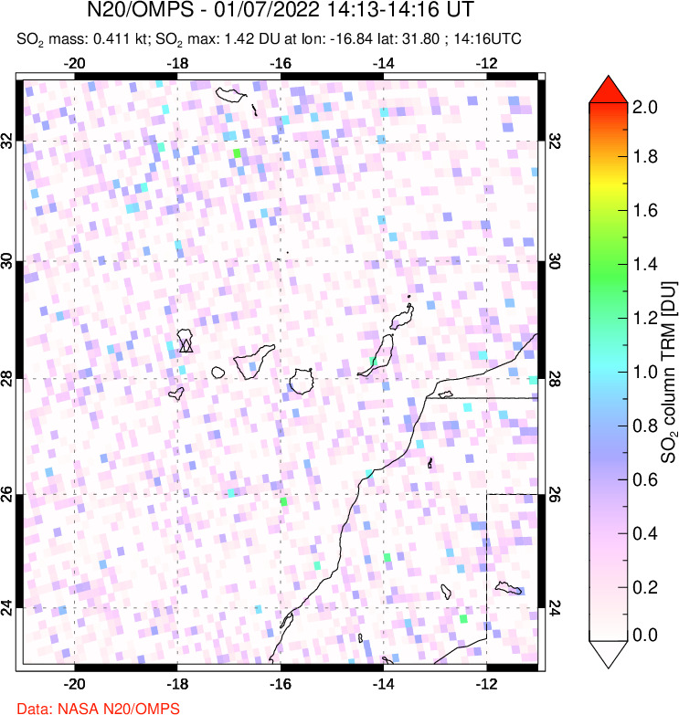 A sulfur dioxide image over Canary Islands on Jan 07, 2022.