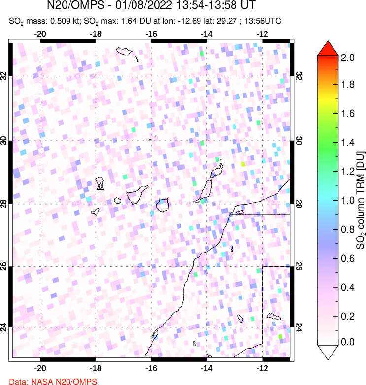 A sulfur dioxide image over Canary Islands on Jan 08, 2022.