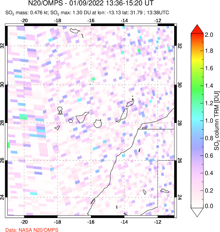 A sulfur dioxide image over Canary Islands on Jan 09, 2022.