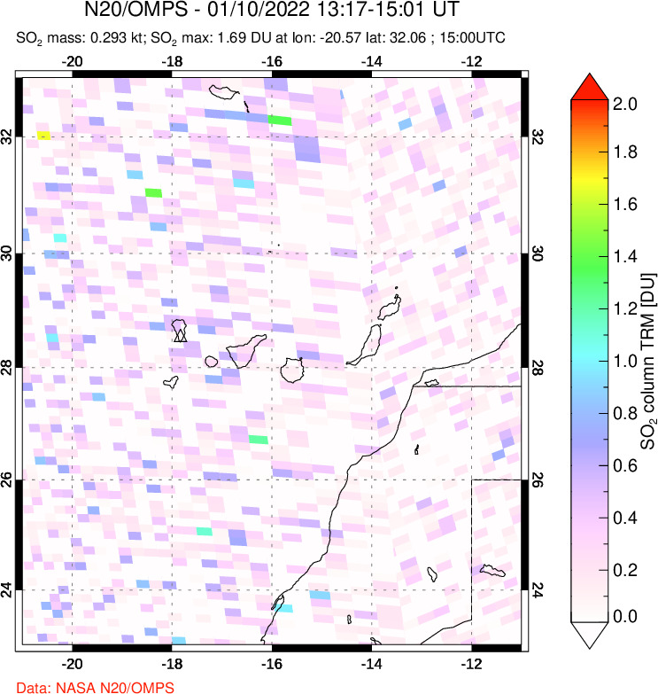 A sulfur dioxide image over Canary Islands on Jan 10, 2022.