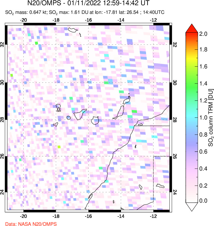 A sulfur dioxide image over Canary Islands on Jan 11, 2022.