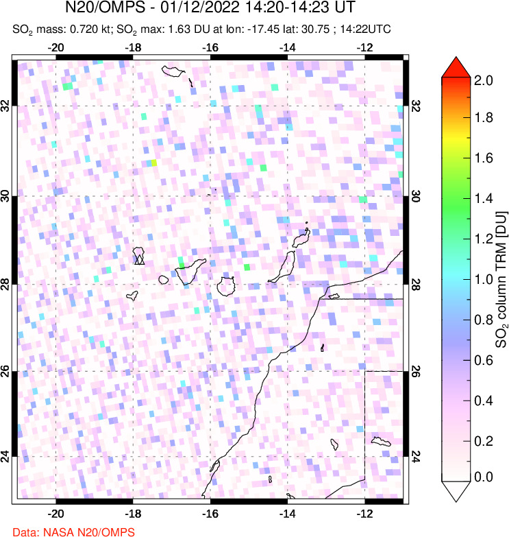 A sulfur dioxide image over Canary Islands on Jan 12, 2022.