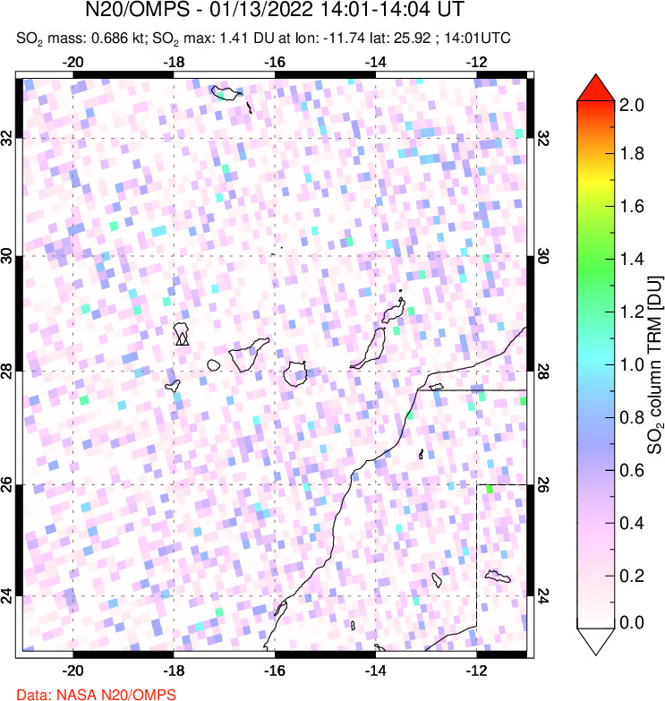 A sulfur dioxide image over Canary Islands on Jan 13, 2022.