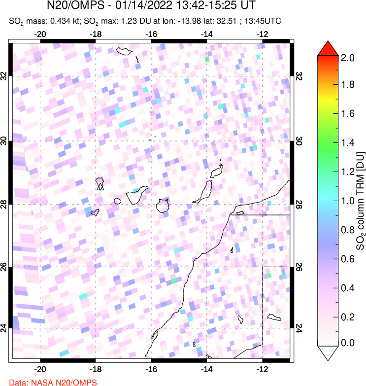 A sulfur dioxide image over Canary Islands on Jan 14, 2022.