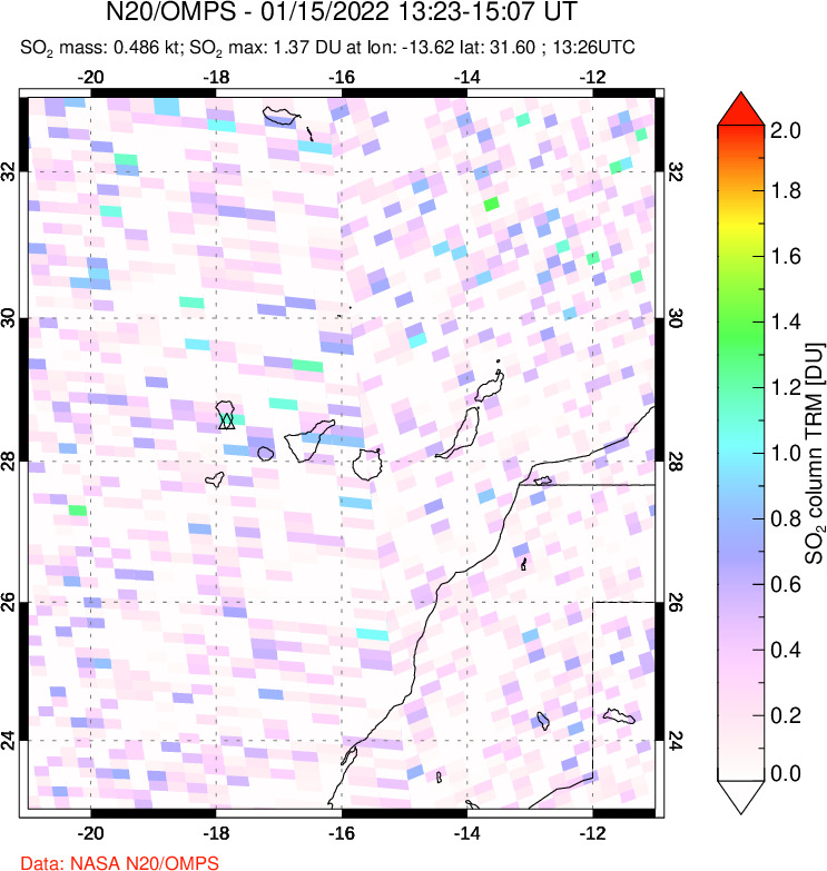 A sulfur dioxide image over Canary Islands on Jan 15, 2022.