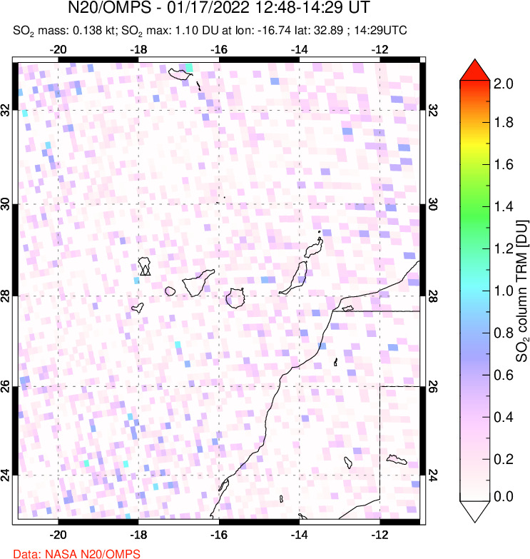 A sulfur dioxide image over Canary Islands on Jan 17, 2022.