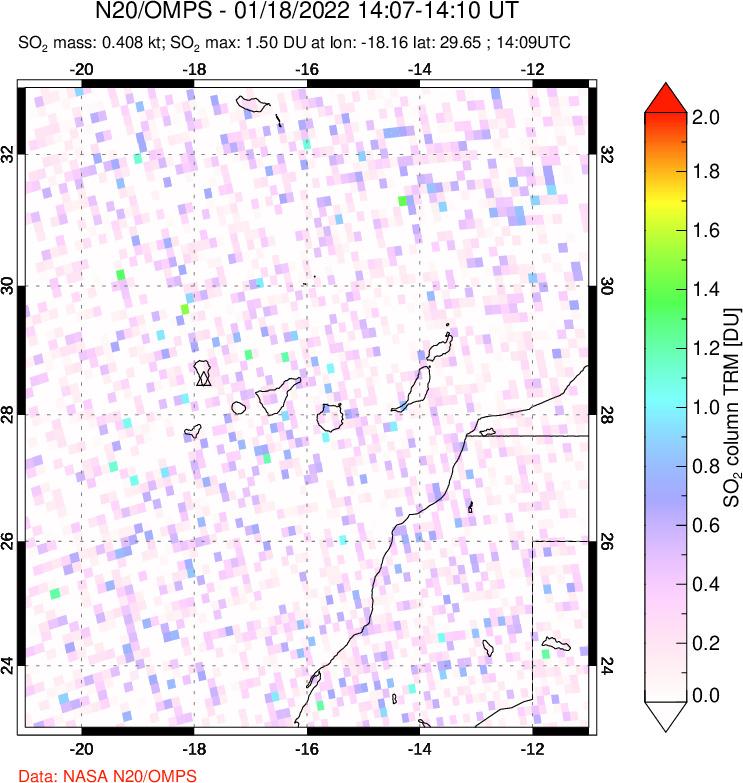 A sulfur dioxide image over Canary Islands on Jan 18, 2022.