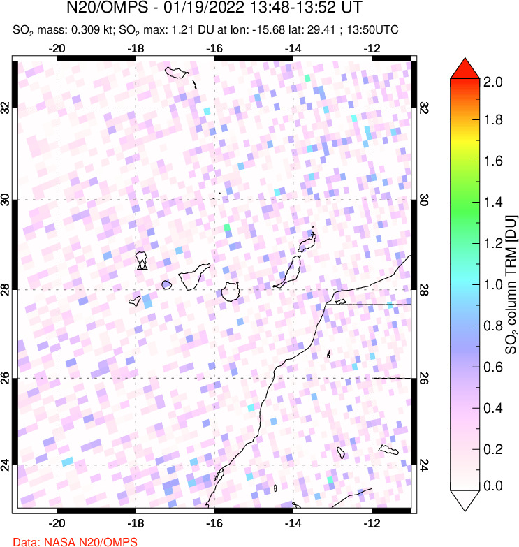 A sulfur dioxide image over Canary Islands on Jan 19, 2022.