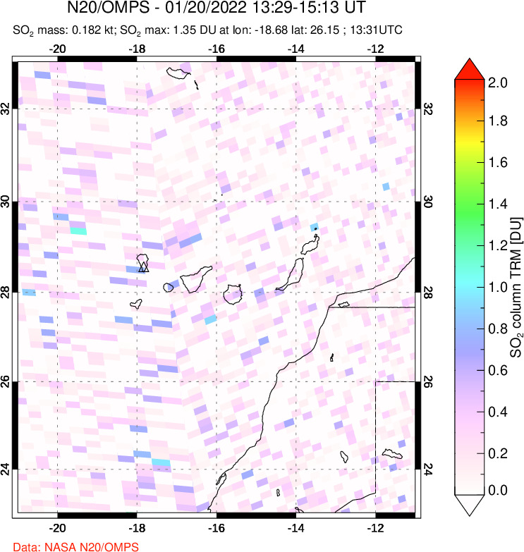 A sulfur dioxide image over Canary Islands on Jan 20, 2022.