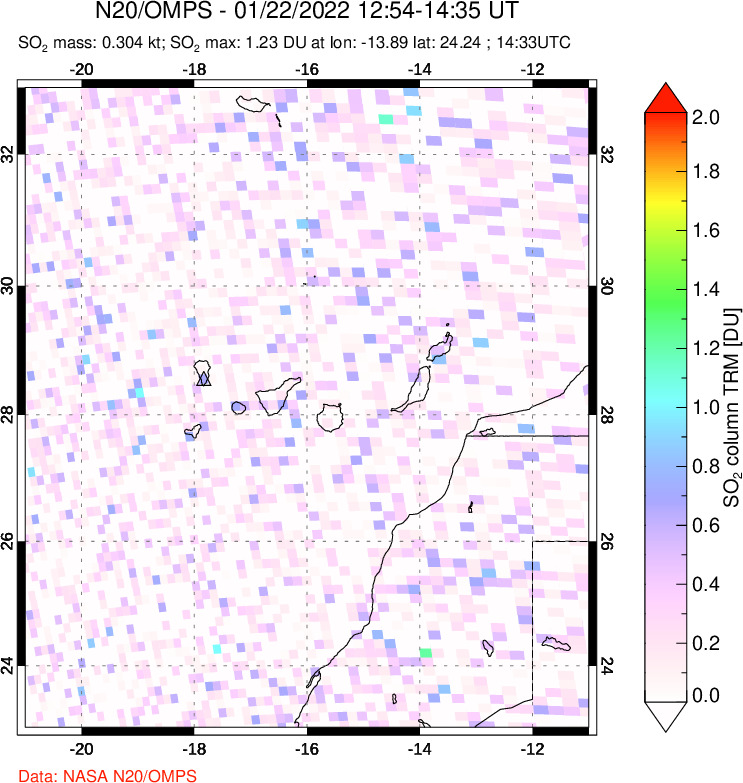 A sulfur dioxide image over Canary Islands on Jan 22, 2022.