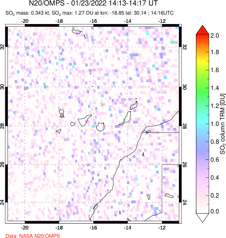 A sulfur dioxide image over Canary Islands on Jan 23, 2022.