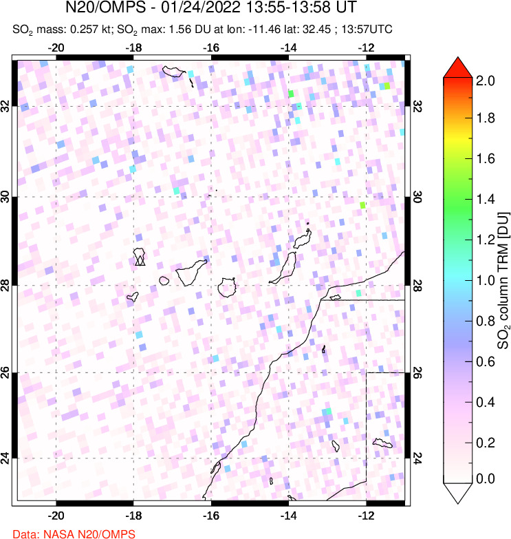 A sulfur dioxide image over Canary Islands on Jan 24, 2022.