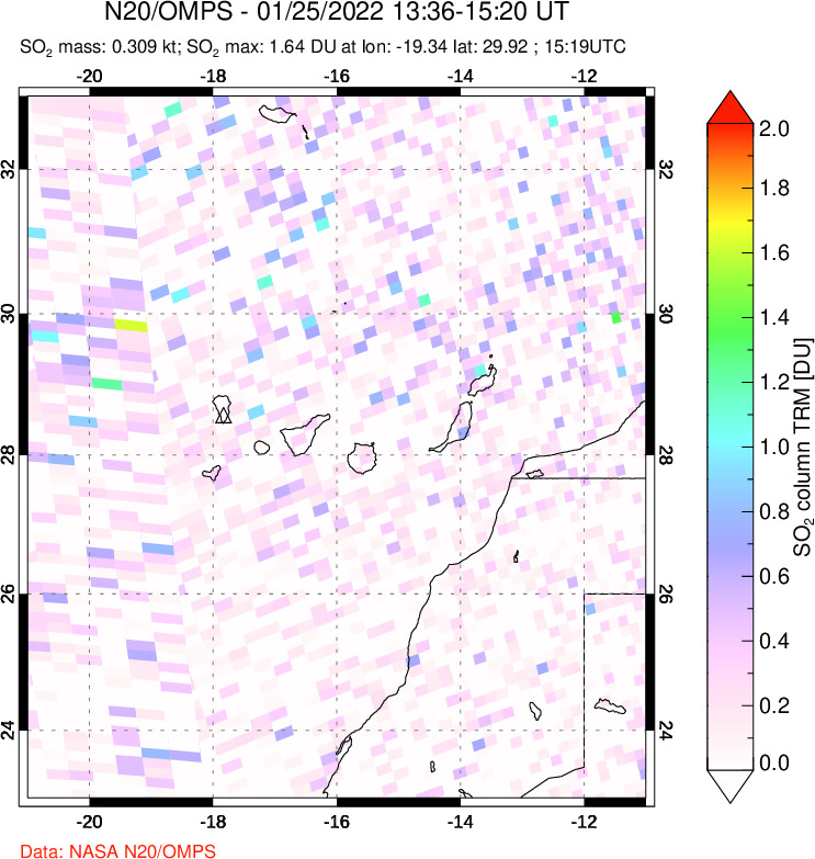 A sulfur dioxide image over Canary Islands on Jan 25, 2022.