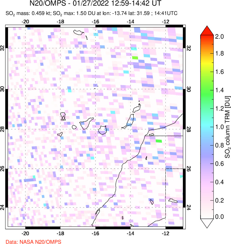 A sulfur dioxide image over Canary Islands on Jan 27, 2022.