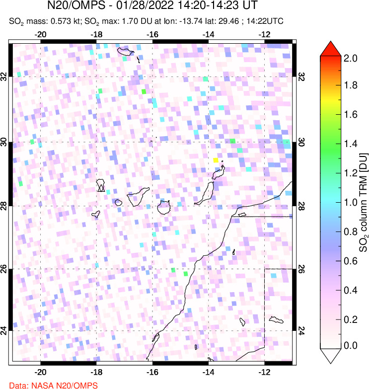 A sulfur dioxide image over Canary Islands on Jan 28, 2022.