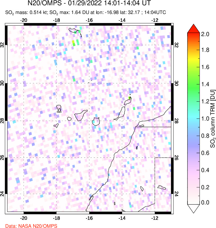 A sulfur dioxide image over Canary Islands on Jan 29, 2022.