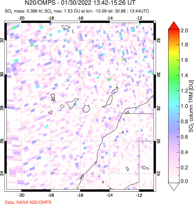 A sulfur dioxide image over Canary Islands on Jan 30, 2022.