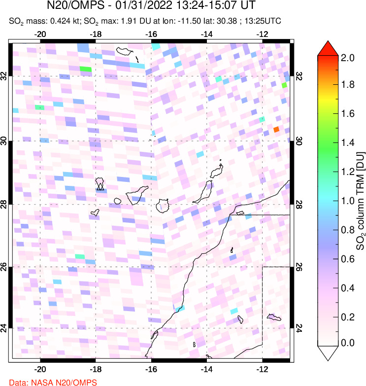 A sulfur dioxide image over Canary Islands on Jan 31, 2022.
