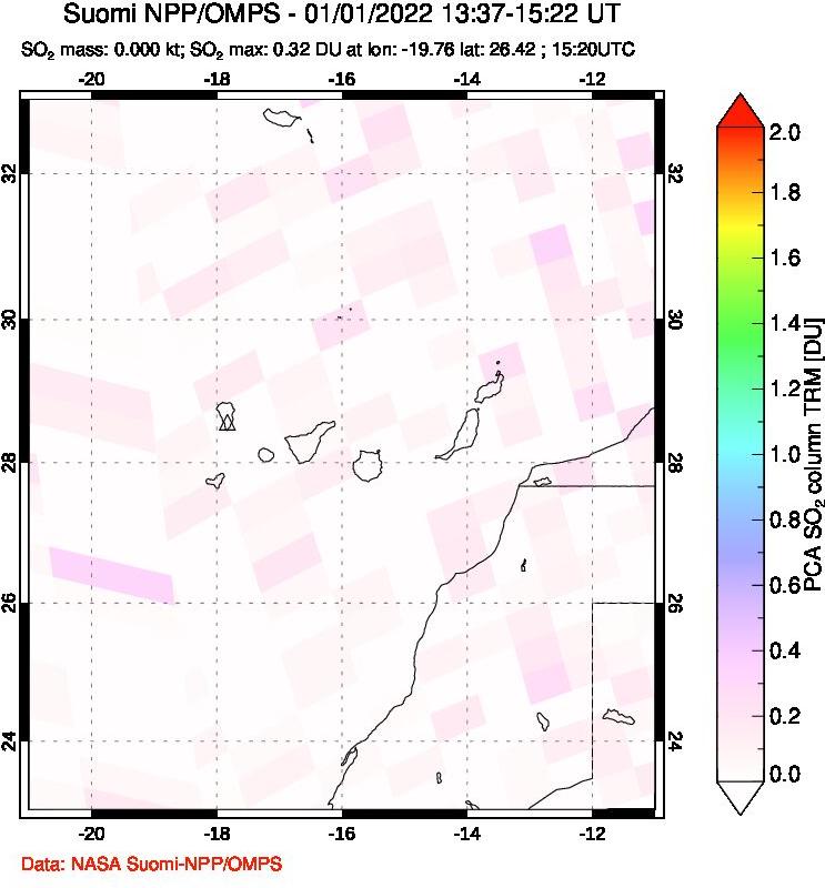 A sulfur dioxide image over Canary Islands on Jan 01, 2022.