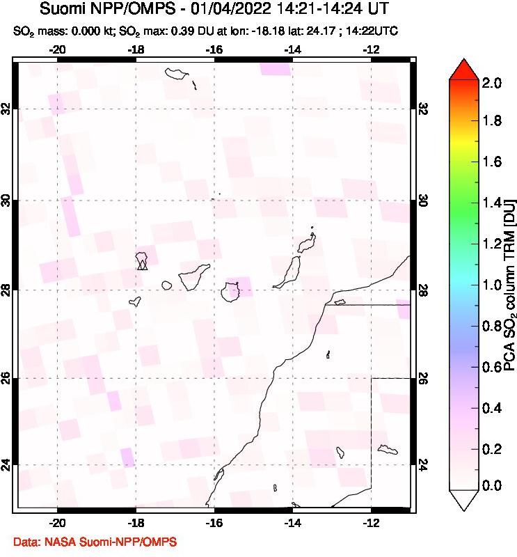 A sulfur dioxide image over Canary Islands on Jan 04, 2022.