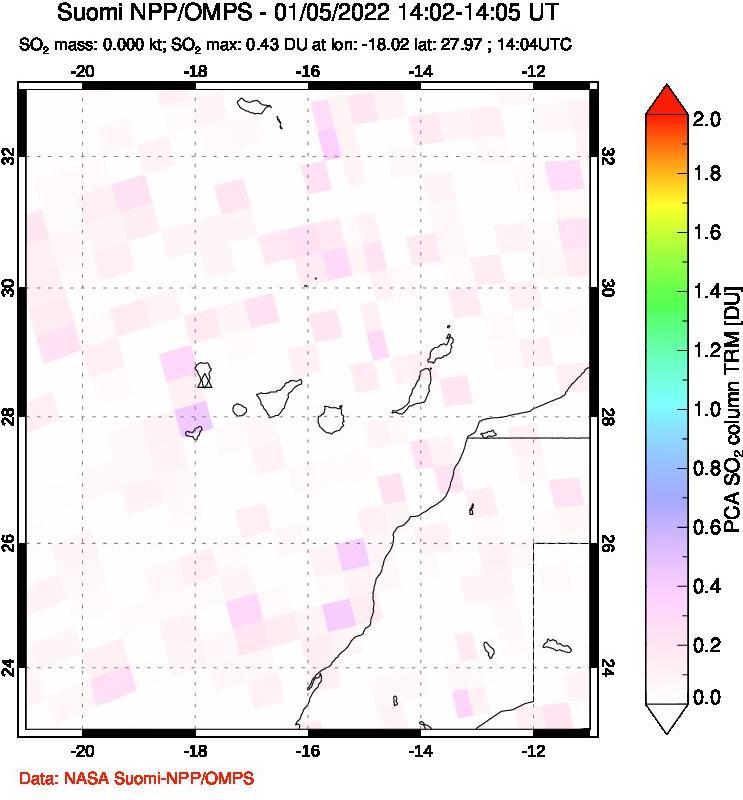 A sulfur dioxide image over Canary Islands on Jan 05, 2022.