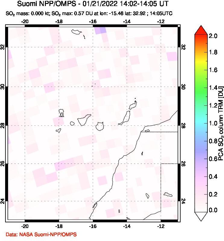 A sulfur dioxide image over Canary Islands on Jan 21, 2022.