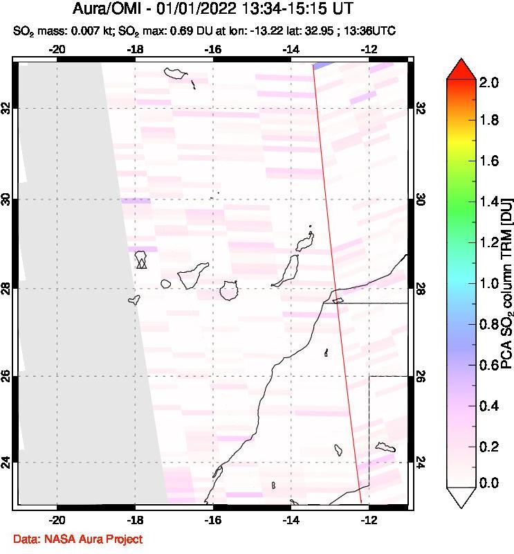 A sulfur dioxide image over Canary Islands on Jan 01, 2022.