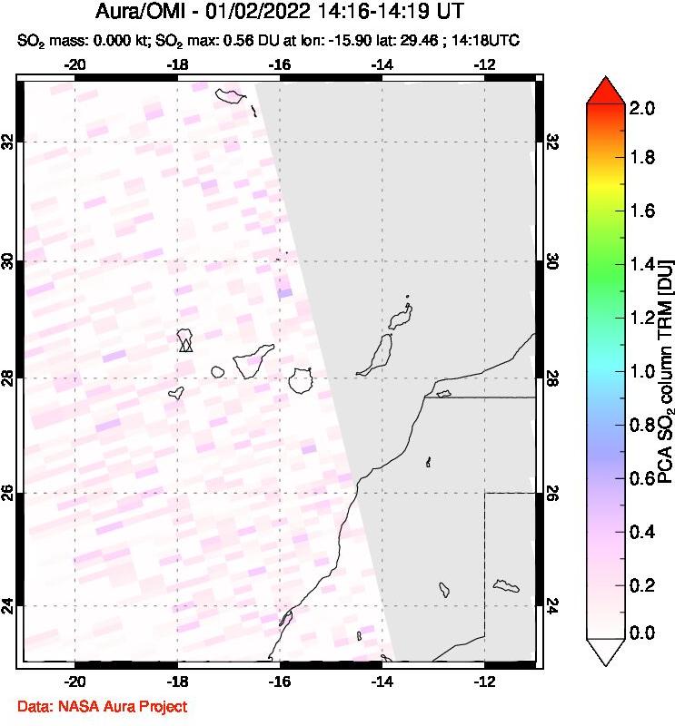 A sulfur dioxide image over Canary Islands on Jan 02, 2022.