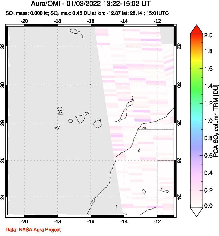 A sulfur dioxide image over Canary Islands on Jan 03, 2022.