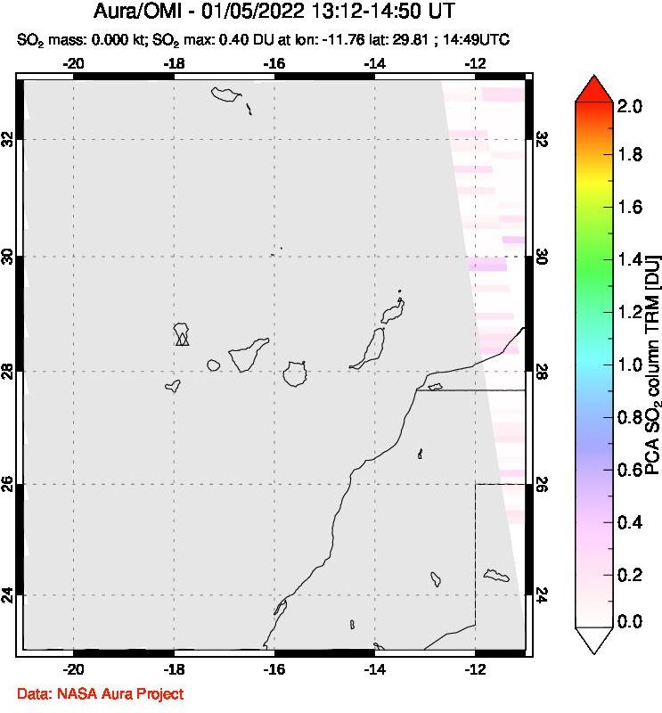 A sulfur dioxide image over Canary Islands on Jan 05, 2022.