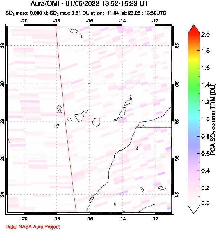 A sulfur dioxide image over Canary Islands on Jan 06, 2022.