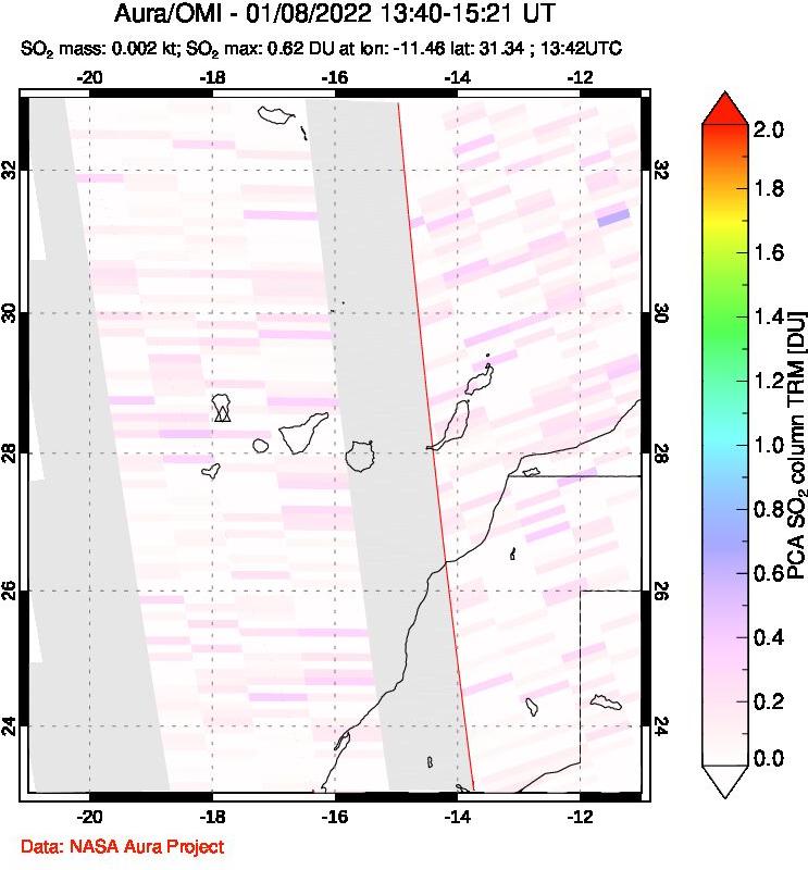 A sulfur dioxide image over Canary Islands on Jan 08, 2022.