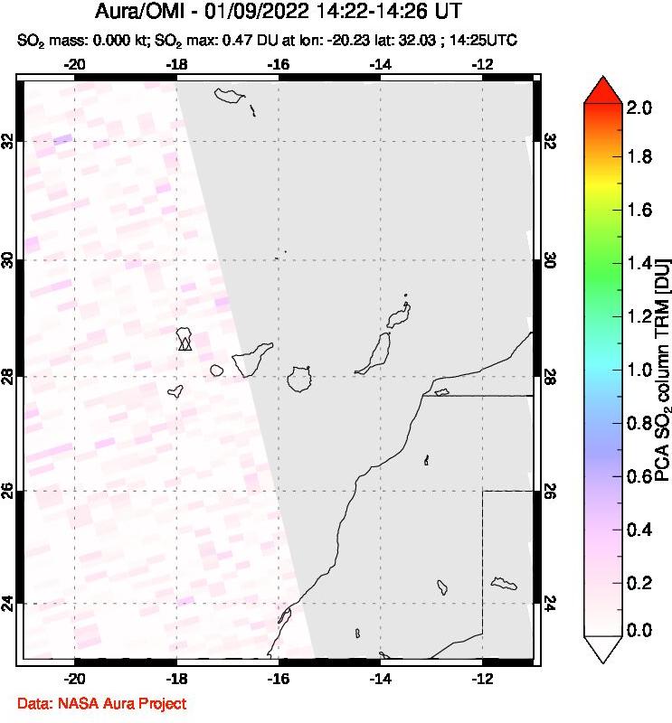 A sulfur dioxide image over Canary Islands on Jan 09, 2022.