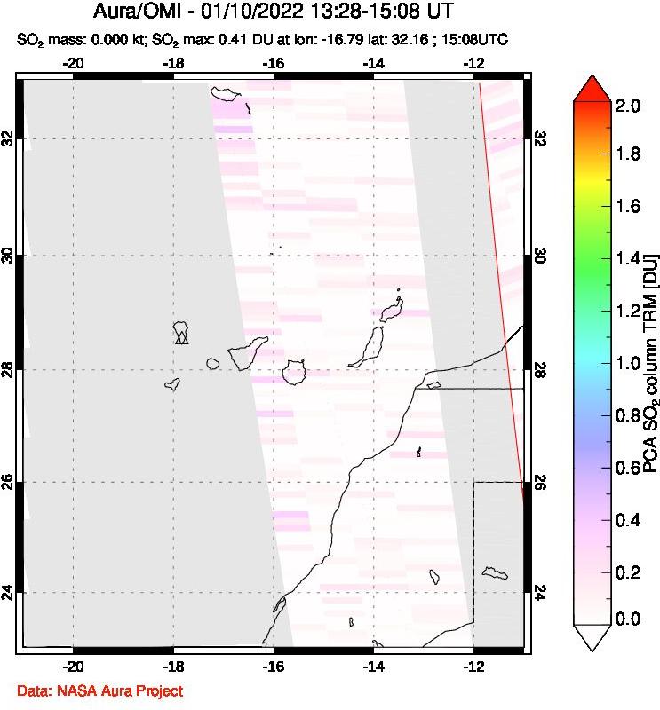 A sulfur dioxide image over Canary Islands on Jan 10, 2022.