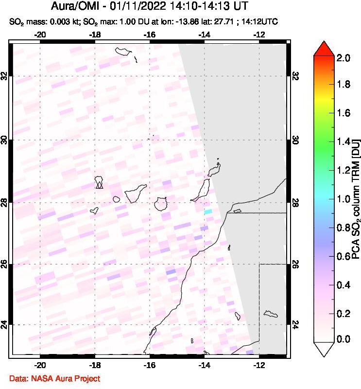 A sulfur dioxide image over Canary Islands on Jan 11, 2022.