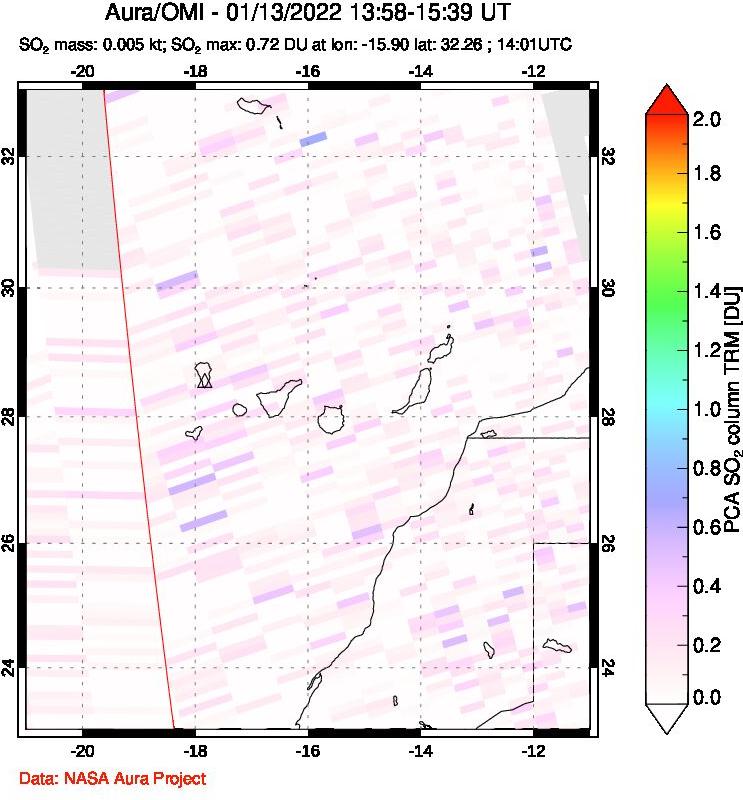 A sulfur dioxide image over Canary Islands on Jan 13, 2022.