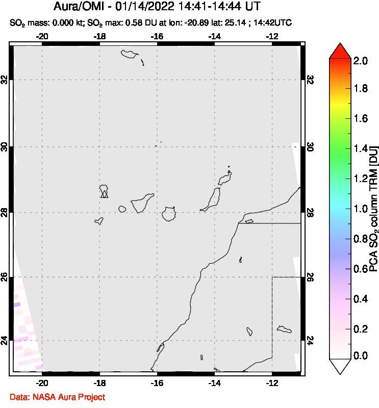 A sulfur dioxide image over Canary Islands on Jan 14, 2022.