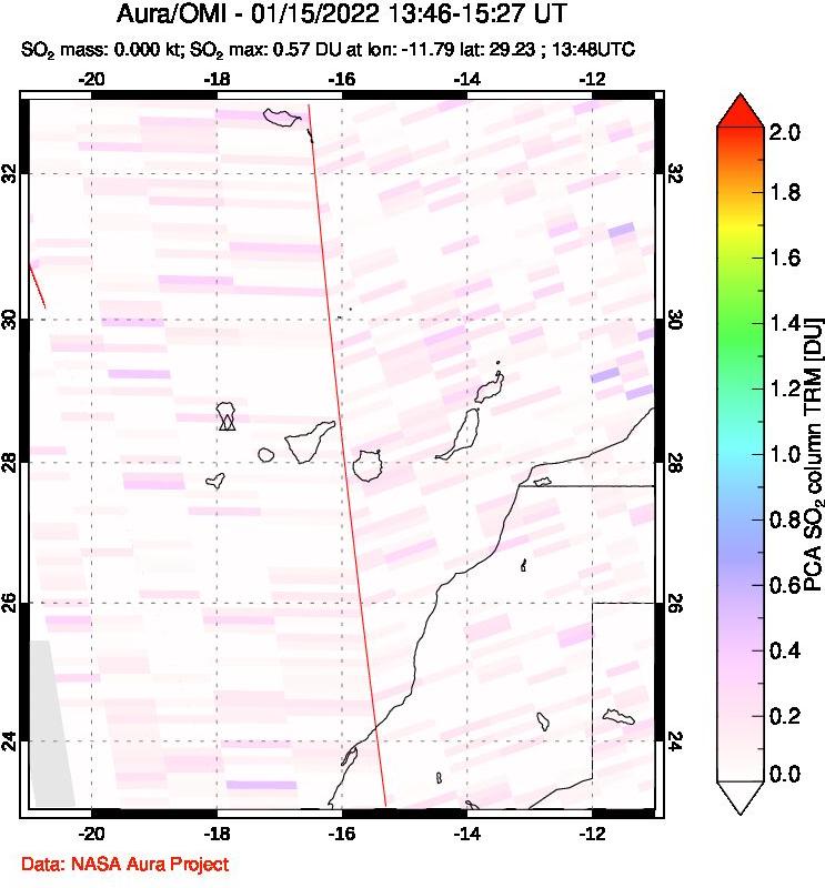 A sulfur dioxide image over Canary Islands on Jan 15, 2022.