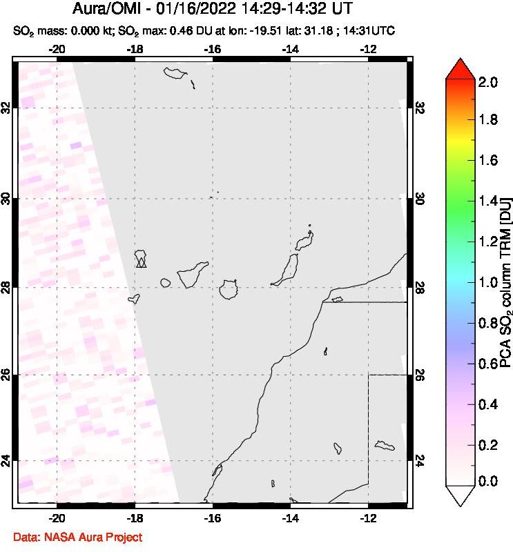 A sulfur dioxide image over Canary Islands on Jan 16, 2022.