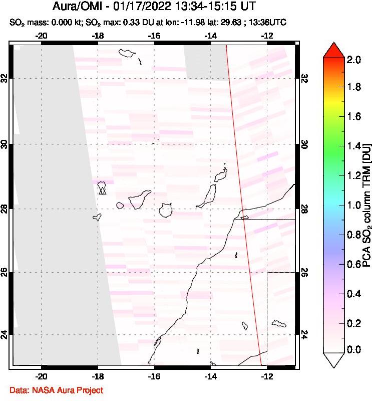 A sulfur dioxide image over Canary Islands on Jan 17, 2022.