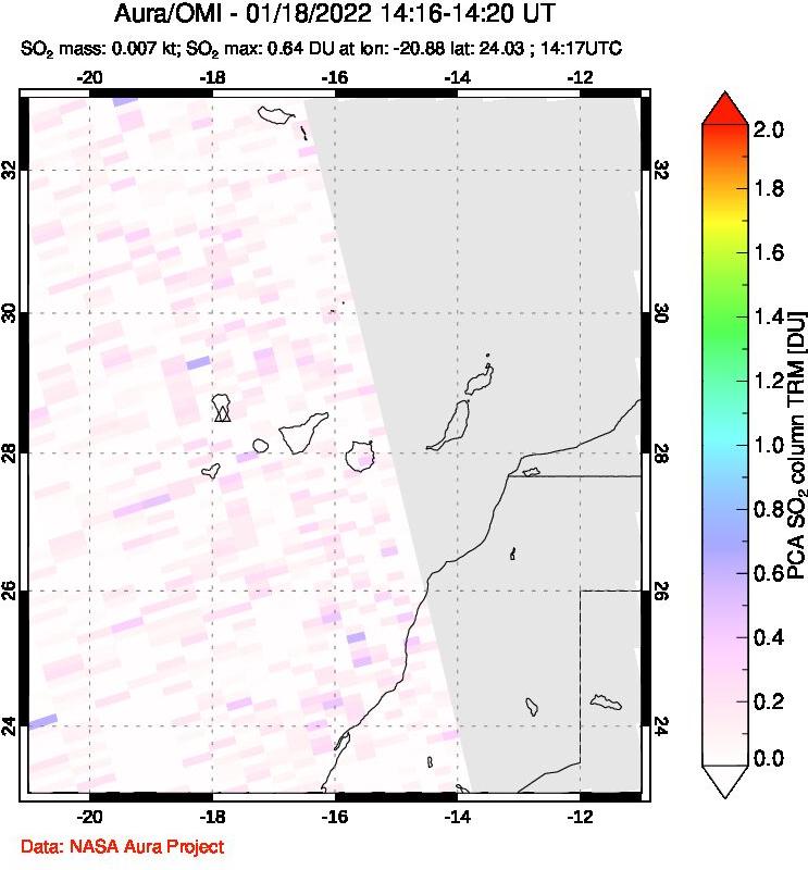 A sulfur dioxide image over Canary Islands on Jan 18, 2022.