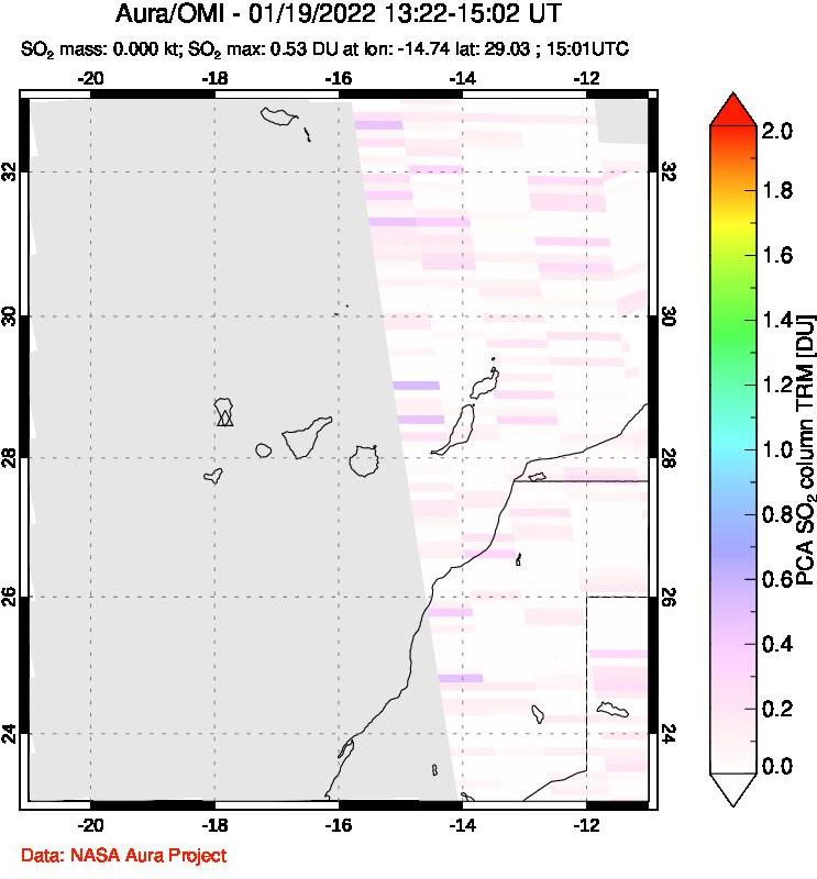 A sulfur dioxide image over Canary Islands on Jan 19, 2022.