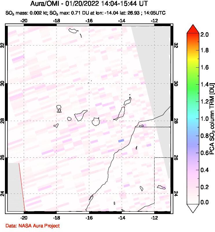 A sulfur dioxide image over Canary Islands on Jan 20, 2022.