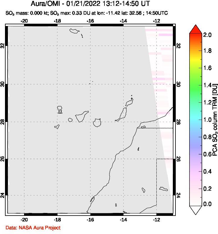 A sulfur dioxide image over Canary Islands on Jan 21, 2022.