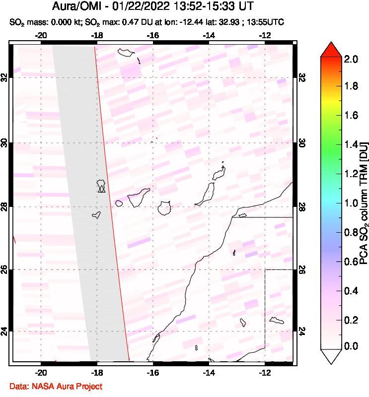 A sulfur dioxide image over Canary Islands on Jan 22, 2022.