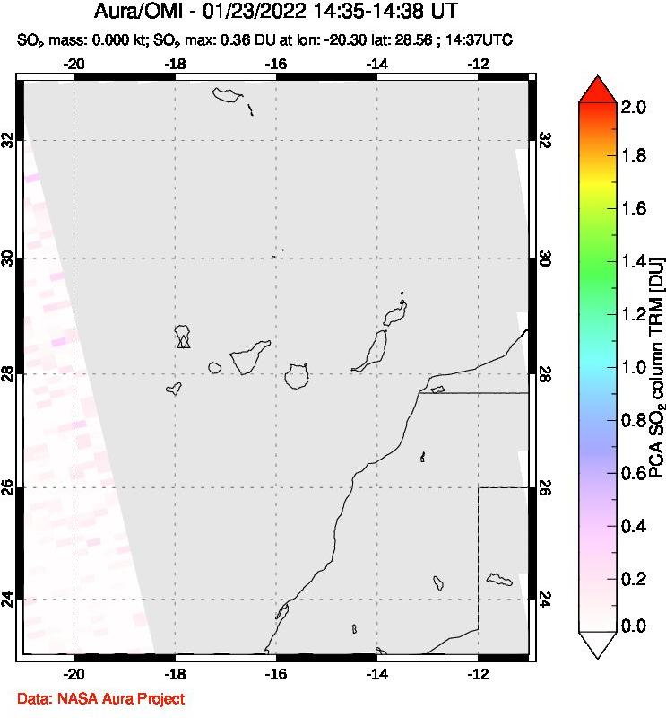 A sulfur dioxide image over Canary Islands on Jan 23, 2022.