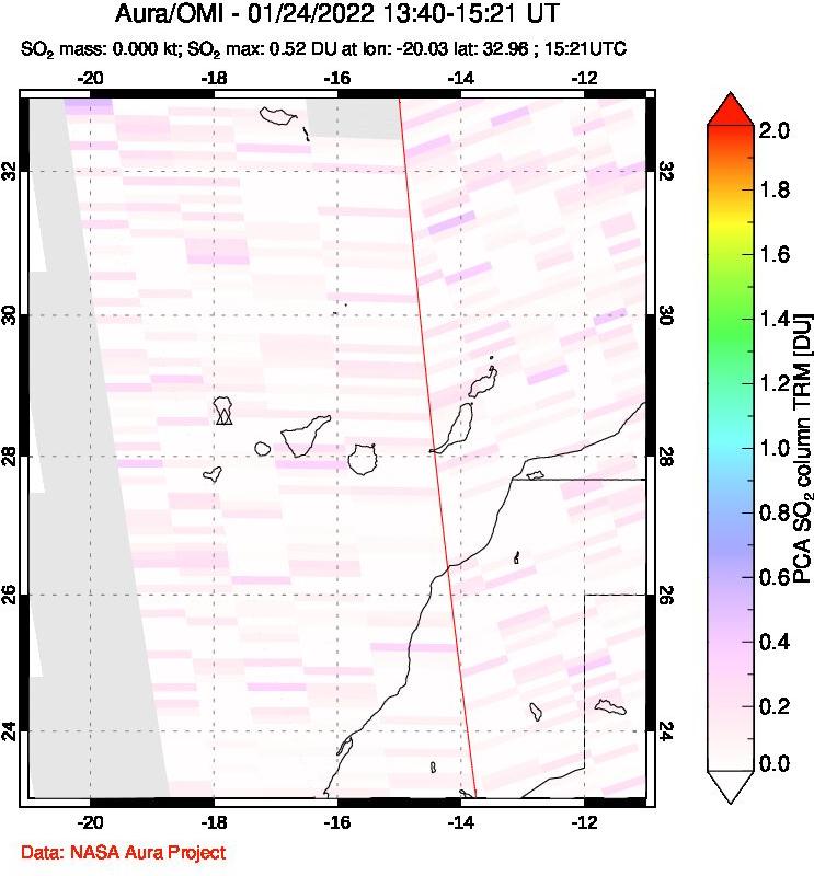 A sulfur dioxide image over Canary Islands on Jan 24, 2022.