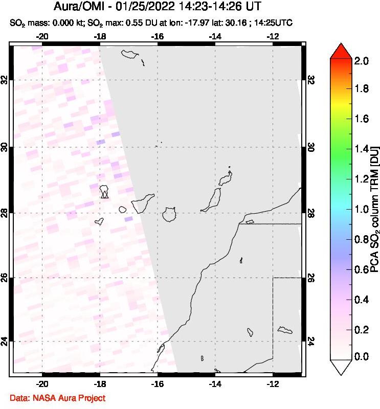 A sulfur dioxide image over Canary Islands on Jan 25, 2022.