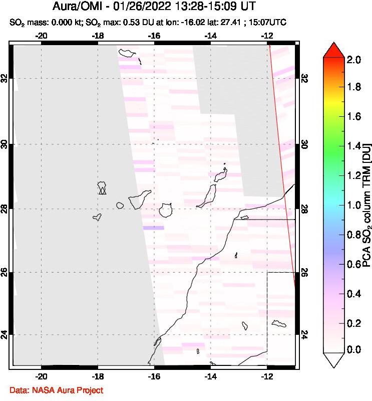 A sulfur dioxide image over Canary Islands on Jan 26, 2022.